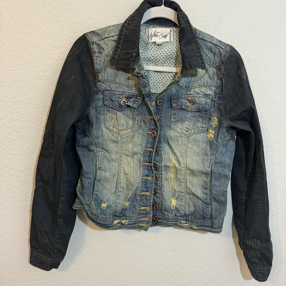 White crow distressed cropped jean jacket M denim Buckle grunge burnout 90s